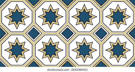 A repeating pattern featuring an eight-pointed star within an octagon, bordered by gold and navy lines, interspersed with diamond shapes.