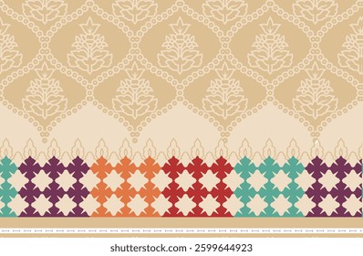 repeating pattern featuring floral and geometric elements with a beige and multicolored palette, for textile, wallpaper, gift wrapping.