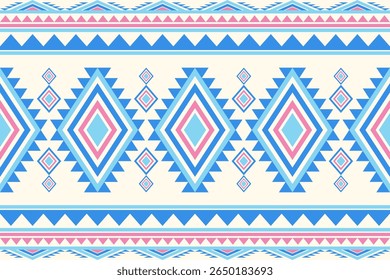 A repeating pattern featuring geometric shapes like diamonds and triangles in blue pink and cream