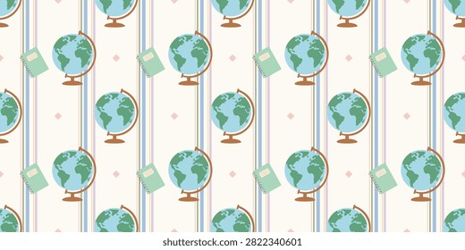 repeating pattern featuring green earth globes and retro telephones with cords on a light cream background ideal for travel or communication themes