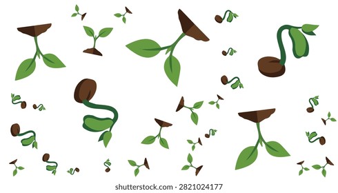 repeating pattern featuring green seedlings with cotyledons emerging from brown seeds isolated on white background