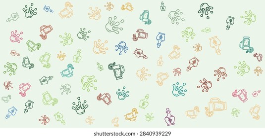Repeating pattern featuring hand drawn cocktail icons and colorful liquid splashes on a soft green backdrop ideal for beverage packaging design