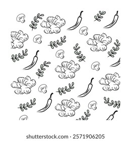 Repeating pattern featuring hand-drawn ginger roots, chili peppers, mushrooms, and leafy herbs on a clean white background. Ideal for culinary themes, textiles, and decorative designs with a natural