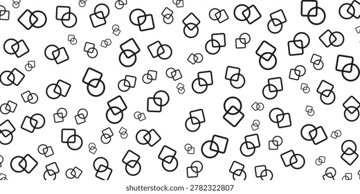 A repeating pattern featuring hand-drawn style outlines of circles and squares overlapping each other on a white background.