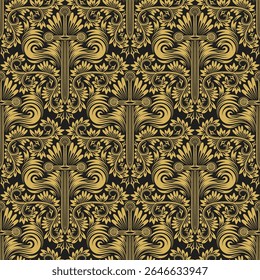 A repeating pattern featuring intricate black designs on a golden background, suitable for various graphic applications.