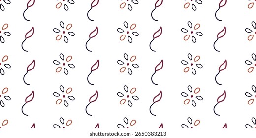 A repeating pattern featuring minimalist floral elements. Burgundy leaves and simple daisy shapes with copper and dark blue outlines are arranged in a clean, graphic design.