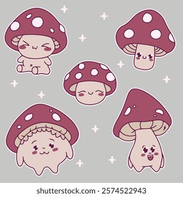 A repeating pattern featuring multiple cartoon mushrooms with red caps and white dots. A whimsical and cohesive design