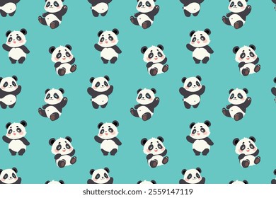 A repeating pattern featuring multiple depictions of cute baby pandas in various playful poses on a teal background.