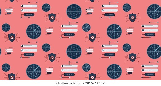 Repeating pattern featuring navy blue globes and security shields set against a pink backdrop illustrating global cybersecurity and privacy concepts