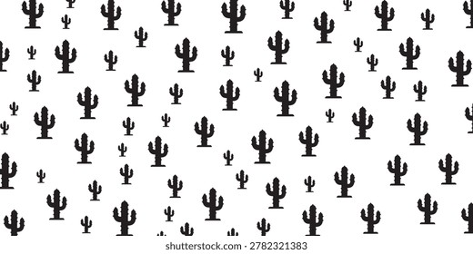 A repeating pattern featuring numerous black silhouette saguaro cacti of varying sizes scattered across a clean white backdrop.