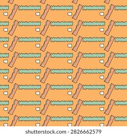 A repeating pattern featuring orange background with green wavy lines, brown angled slides, and small white blocks, creating a playful, retro video game aesthetic.