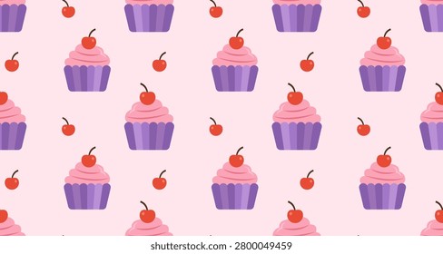 Repeating pattern featuring pink cupcakes with cherries, suitable for backgrounds, textiles, or decorative purposes.