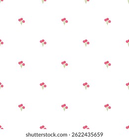 Repeating pattern featuring pink floral elements on a clean white background, ideal for textile, wallpaper, or graphic design uses. Delicate and cheerful, it conveys a sense of freshness and elegance.
