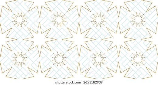 A repeating pattern featuring shimmering gold starbursts and a subtle light blue geometric grid background, offering a clean and luxurious aesthetic.