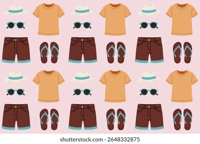 Repeating pattern featuring men’s shorts, t-shirt, sunglasses, hat and flip flops