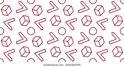 Um padrão repetitivo com desenhos simples de linhas vermelhas de cubos isométricos e colchetes angulares espalhados por um fundo branco limpo, criando um design minimalista.
