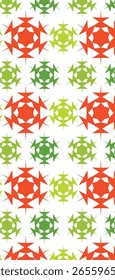A repeating pattern featuring star-like shapes in red, green, and light green on a white background, suitable for textiles or wallpaper.