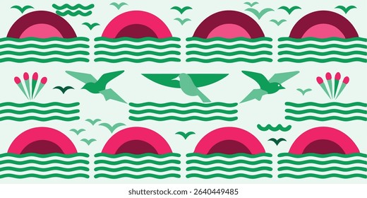 A repeating pattern featuring stylized birds, waves, and sun-like arches in a geometric landscape design.