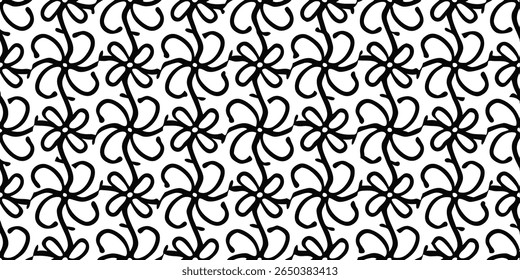 A repeating pattern featuring stylized black flowers with curved petals and intertwined vine-like stems against a stark white backdrop.