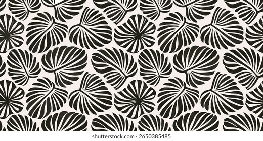 A repeating pattern featuring stylized black tropical leaves against a soft off-white background. The design evokes a modern, minimalist, and natural feel.