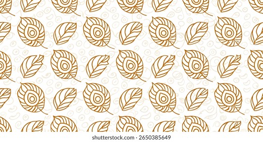 A repeating pattern featuring stylized brown outlines of autumn leaves and delicate, scattered swirls and circles on a clean white background.