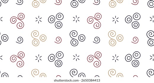 A repeating pattern featuring stylized Celtic triskelions and simple starbursts in a limited color palette of red, gold, and navy on a white background.