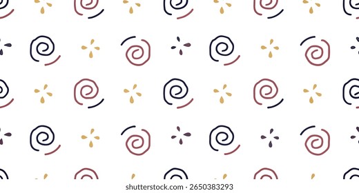 A repeating pattern featuring stylized dark blue and maroon swirls interspersed with small, scattered yellow and purple droplet shapes on a clean white backdrop.