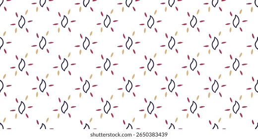 A repeating pattern featuring stylized floral elements with dark blue outlines and small red and gold petal shapes arranged around them on a clean white surface.
