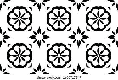 A repeating pattern featuring stylized floral elements in black against a white background. The design includes large, eight-petal flower shapes and smaller star-like elements.
