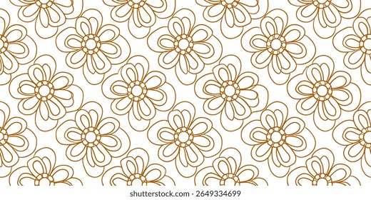 Um padrão repetitivo com flores estilizadas com pétalas arredondadas e um centro circular, delineado em um marrom quente contra um fundo branco nítido.