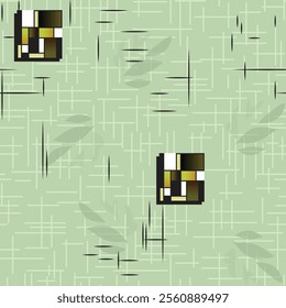 A repeating pattern featuring stylized, geometric shapes in a light sage green color.