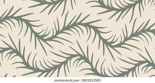 A repeating pattern featuring stylized green pine needles arranged diagonally on a textured cream background.