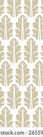 A repeating pattern featuring stylized leaves in a beige color on a white background, suitable for textiles or wallpaper.