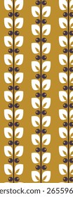 A repeating pattern featuring stylized leaves and circular shapes on a mustard background, suitable for textiles or wallpapers.