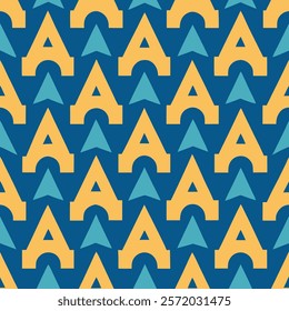 A repeating pattern featuring stylized letters "A" in yellow and blue, interspersed with triangle motifs. The design showcases a vibrant color palette and geometric arrangement.