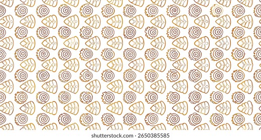 A repeating pattern featuring stylized line drawings of various seashells and circular spiral motifs in a warm, earthy orange hue against a crisp white backdrop.