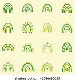 Repeating pattern featuring stylized representations of rainbows in shades of green and yellow.  The rainbows are decorated with small elements, including shamrocks and hearts. 