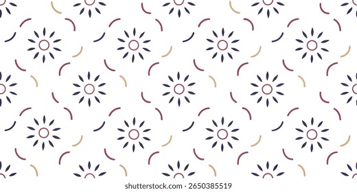 A repeating pattern featuring stylized sunbursts with purple petals and burgundy centers, interspersed with curved lines in burgundy, purple, and tan.