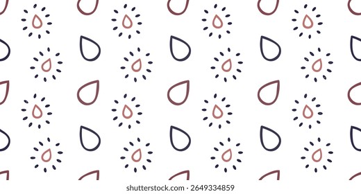 A repeating pattern featuring stylized teardrop shapes and radiating sunburst motifs. The design uses a limited palette of deep purple, muted rose, and white.