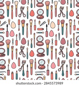 A repeating pattern featuring various makeup items like brushes, sponges, and curlers