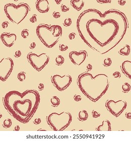  A repeating pattern featuring various sizes of red hearts on a light beige background. The hearts are rendered with a textured, brushstroke effect, giving them a hand-drawn, organic appearance.