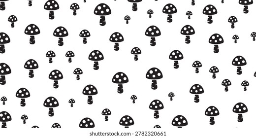 A repeating pattern featuring various sizes of simple, black mushroom icons on a white background.