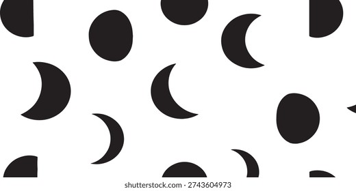 A repeating pattern featuring various stages of the moon's phases, from crescent to full moon, in a simple black and white design.