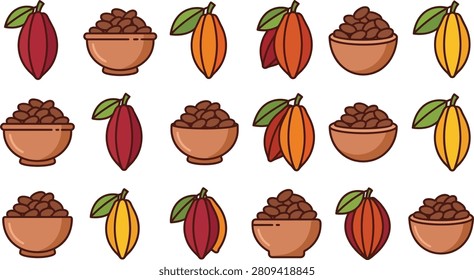 A repeating pattern of flat featuring cocoa pods in red, orange, and yellow, and brown bowls filled with cocoa beans, set against a white background.