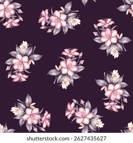A repeating pattern of floral bouquets on a dark purplish brown background. Each bouquet features several blossoms of a light pinkish purple hue with lighter, cream colored centers.
