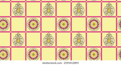 A repeating pattern of floral and ornamental designs arranged in a grid on a pale yellow background, bordered by pink lines, for textile, wallpaper, gift wrapping, print