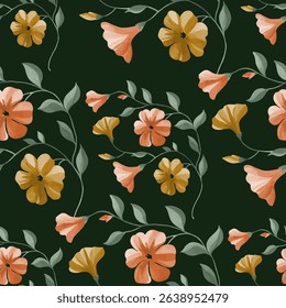 A repeating pattern of flowers and vines on a dark olive green background. The flowers are a mix of muted peach orange and a muted mustard yellow gold. They have a slightly textured.