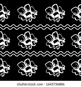 Repeating pattern of flowers and wavy lines. The flower is drawn in gouache. Black  background white lines.