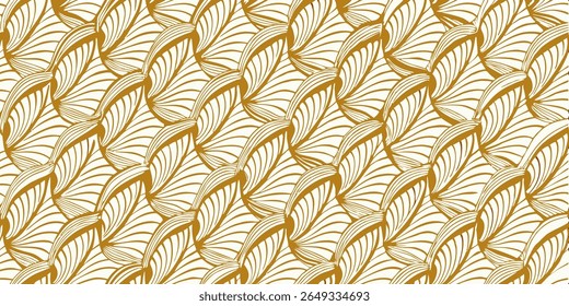 A repeating pattern of flowing, organic shapes in a rich golden hue against a cream background, evoking natural elements like leaves or feathers.