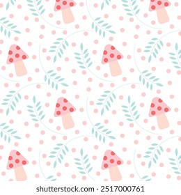 Repeating pattern of fly agaric mushrooms, twigs and pink circles on isolated background